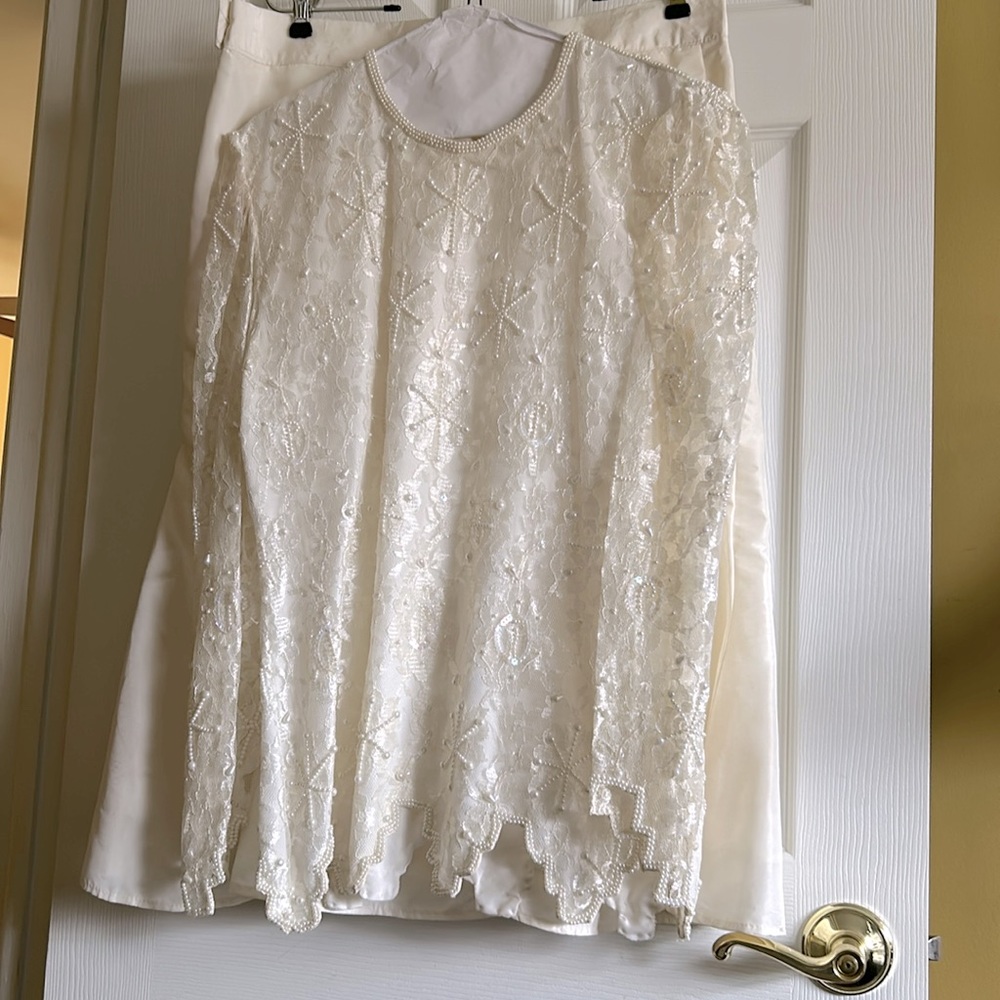 Off white formal skirt with a flare and lace and pearl beaded blouse